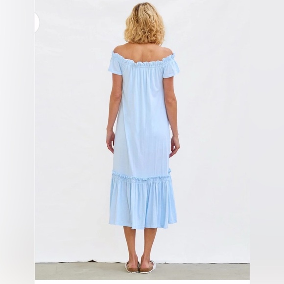 SUNDRY Off Shoulder Cotton Stretch Maxi Sky Blue 2 Medium Tiered Ruffle MADE USA - Picture 3 of 15